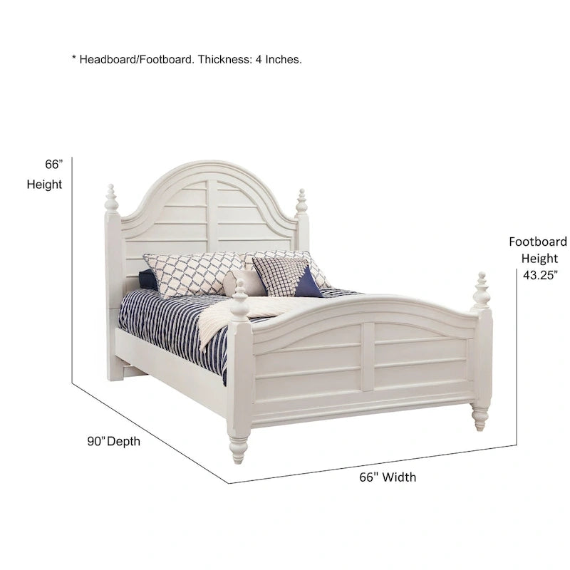 Dove White Farmhouse Panel Bed with Arched Headboard & Turned Finials