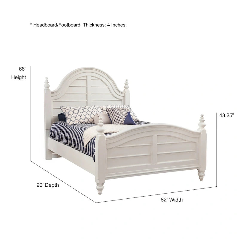 Dove White Farmhouse Panel Bed with Arched Headboard & Turned Finials
