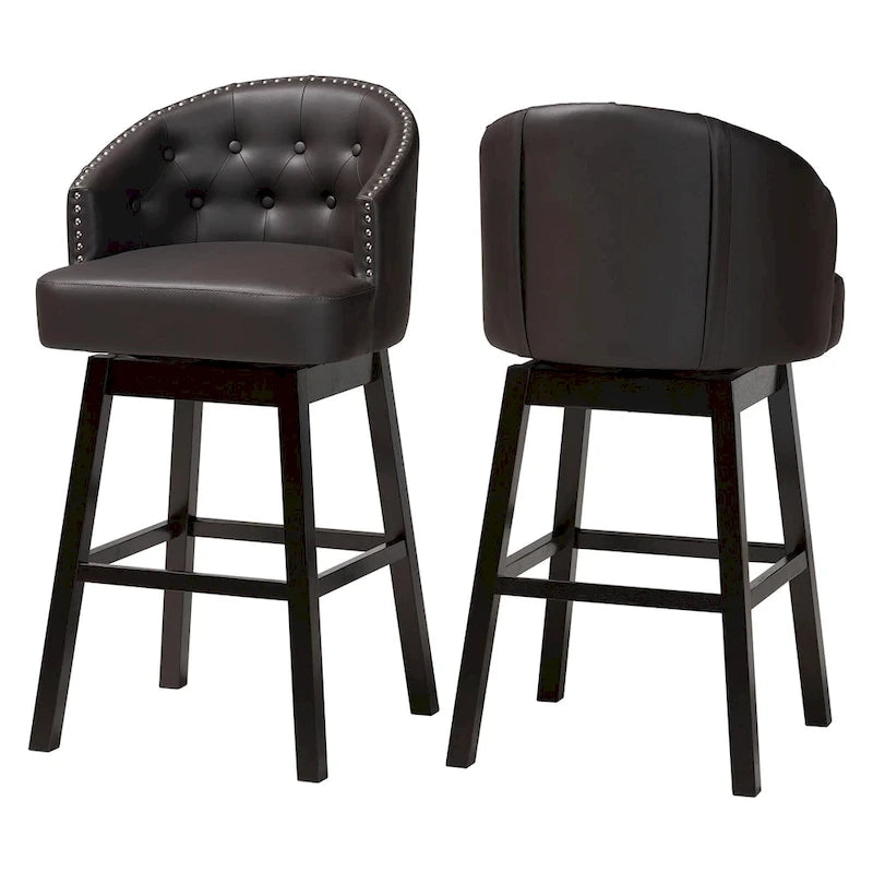 Brown Faux Leather Tufted Swivel Barstool with Nailhead Trim, Set of 2