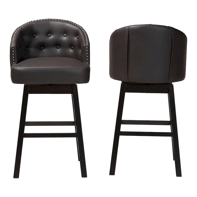 Brown Faux Leather Tufted Swivel Barstool with Nailhead Trim, Set of 2