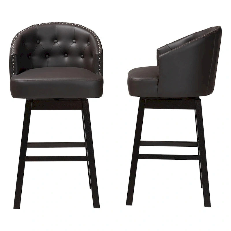 Brown Faux Leather Tufted Swivel Barstool with Nailhead Trim, Set of 2