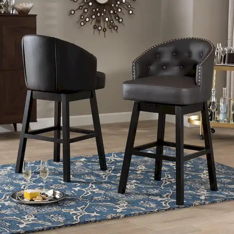 Brown Faux Leather Tufted Swivel Barstool with Nailhead Trim, Set of 2