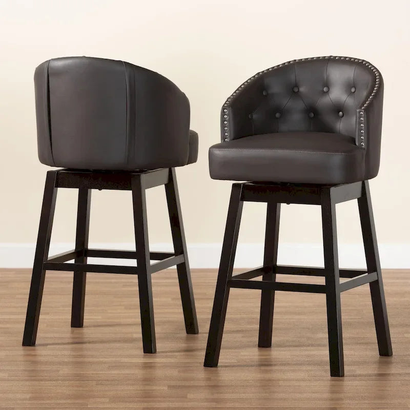 Brown Faux Leather Tufted Swivel Barstool with Nailhead Trim, Set of 2