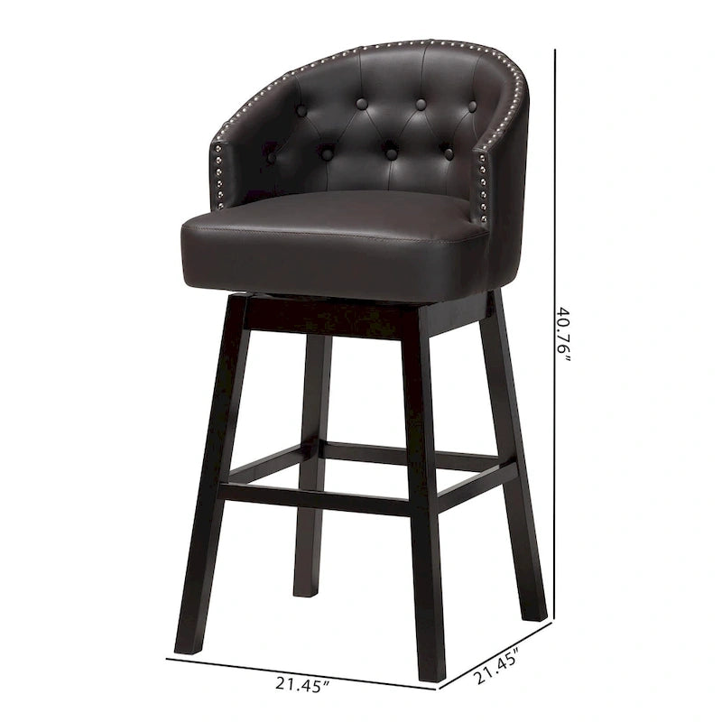 Brown Faux Leather Tufted Swivel Barstool with Nailhead Trim, Set of 2
