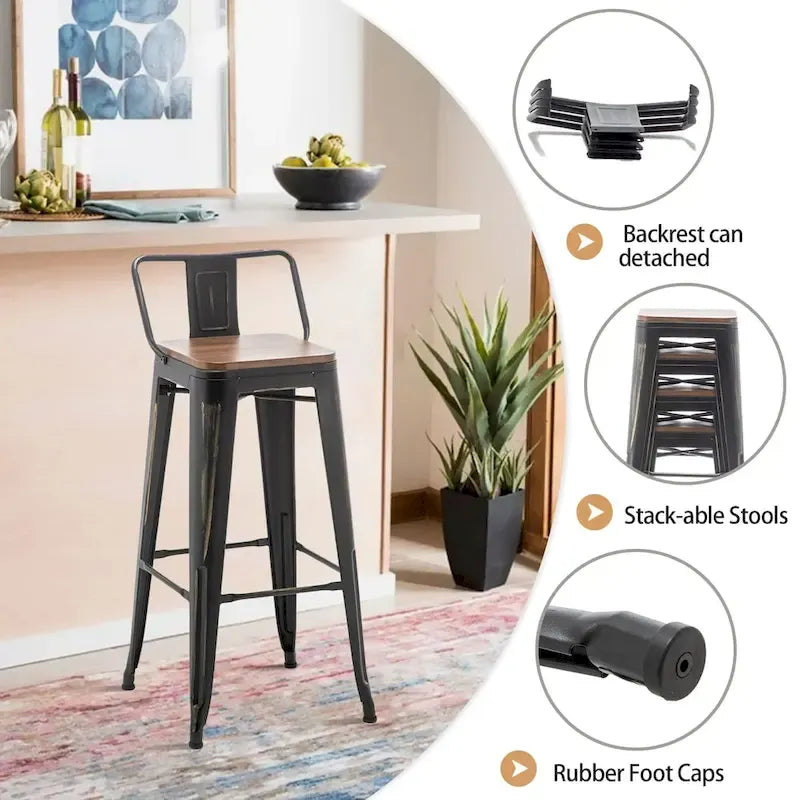 Industrial Black Counter Stools with Back & Wooden Seat, 24" or 26", Set of 2