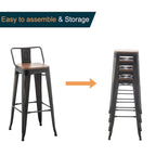 Industrial Black Counter Stools with Back & Wooden Seat, 24" or 26", Set of 2