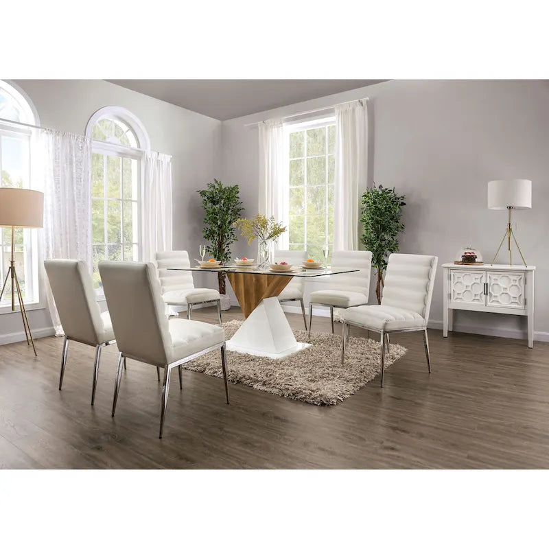 Modern White Channel Tufted Dining Chairs in Faux Leather, Set of 2