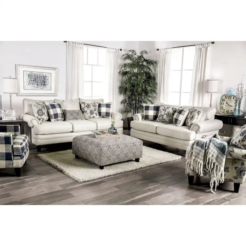 Transitional Ivory Fabric 2-Piece Sofa & Loveseat Living Room Set