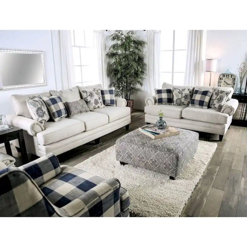 Transitional Ivory Fabric 2-Piece Sofa & Loveseat Living Room Set