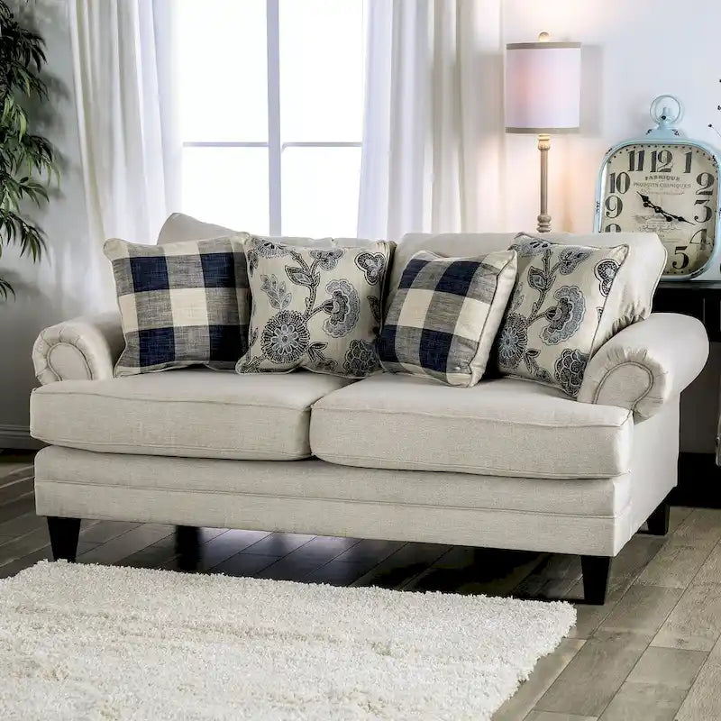 Transitional Ivory Fabric 2-Piece Sofa & Loveseat Living Room Set