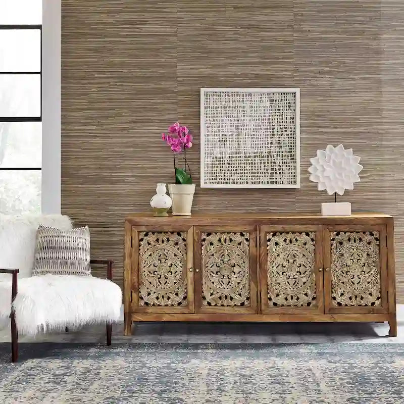 74" Boho Solid Mango Wood TV Console with 4 Hand-Carved Doors, Weathered Honey
