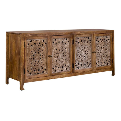 74" Boho Solid Mango Wood TV Console with 4 Hand-Carved Doors, Weathered Honey