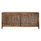 74" Boho Solid Mango Wood TV Console with 4 Hand-Carved Doors, Weathered Honey