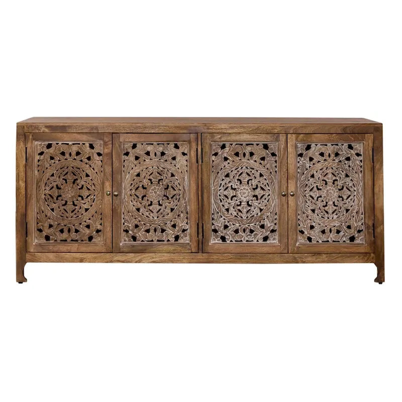 74" Boho Solid Mango Wood TV Console with 4 Hand-Carved Doors, Weathered Honey