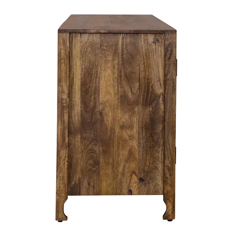74" Boho Solid Mango Wood TV Console with 4 Hand-Carved Doors, Weathered Honey