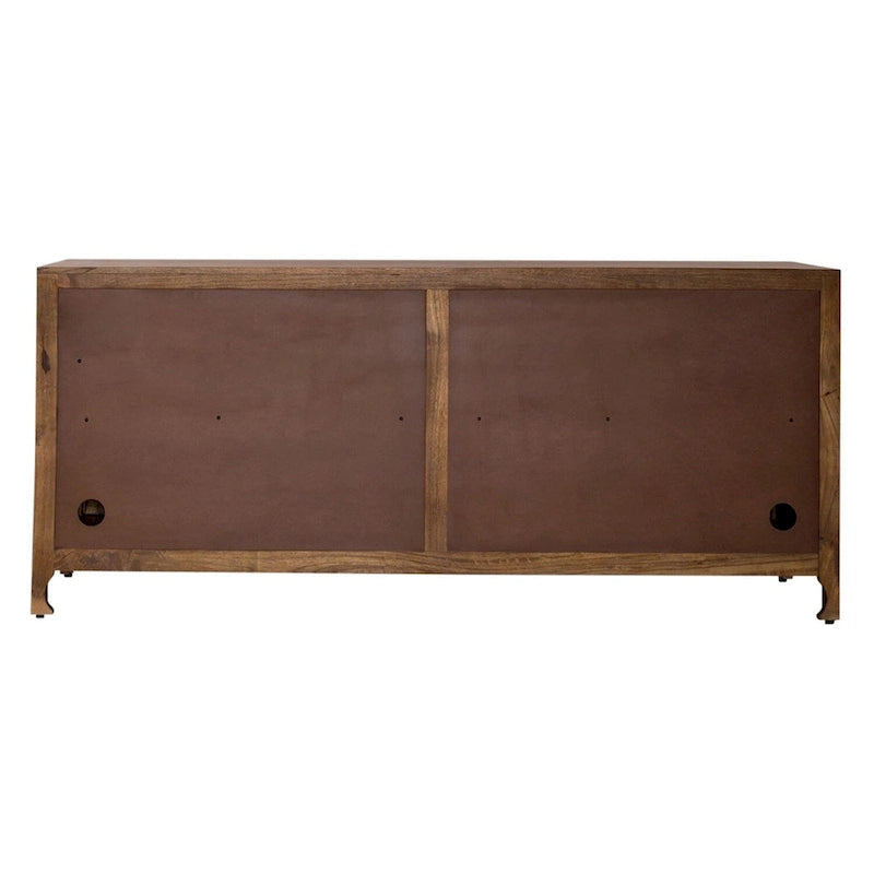 74" Boho Solid Mango Wood TV Console with 4 Hand-Carved Doors, Weathered Honey