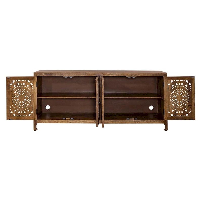74" Boho Solid Mango Wood TV Console with 4 Hand-Carved Doors, Weathered Honey