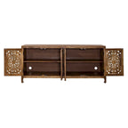 74" Boho Solid Mango Wood TV Console with 4 Hand-Carved Doors, Weathered Honey