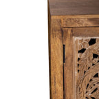 74" Boho Solid Mango Wood TV Console with 4 Hand-Carved Doors, Weathered Honey