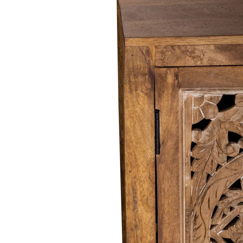 74" Boho Solid Mango Wood TV Console with 4 Hand-Carved Doors, Weathered Honey