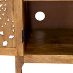 74" Boho Solid Mango Wood TV Console with 4 Hand-Carved Doors, Weathered Honey