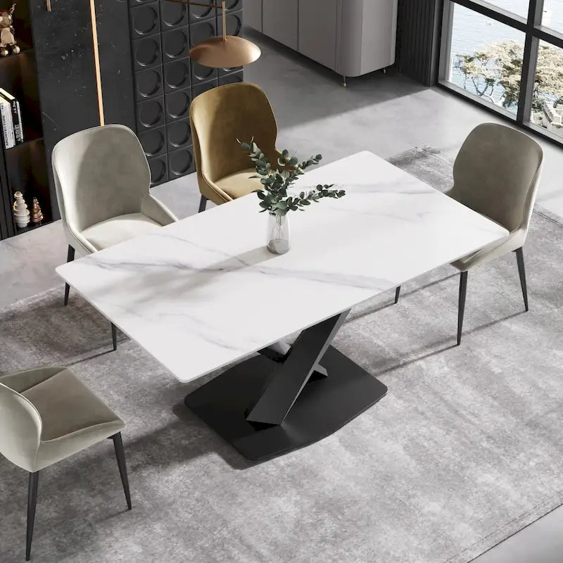 63" Modern Dining Table with White Sintered Stone Tabletop and Violet Steel Base