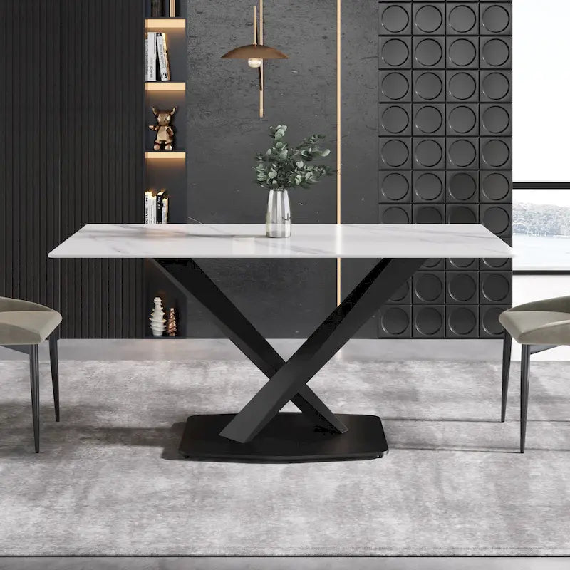 63" Modern Dining Table with White Sintered Stone Tabletop and Violet Steel Base