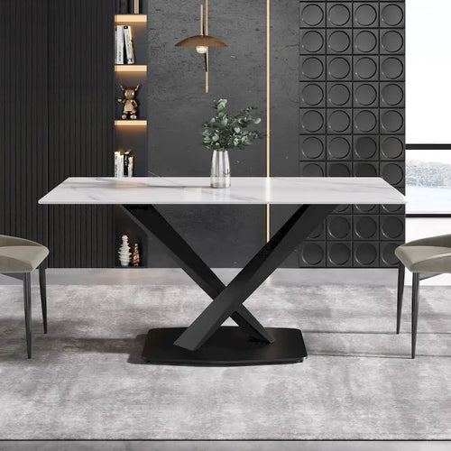 63" Modern Dining Table with White Sintered Stone Tabletop and Violet Steel Base