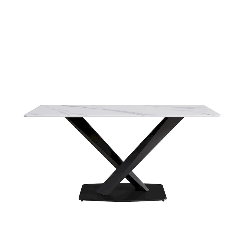63" Modern Dining Table with White Sintered Stone Tabletop and Violet Steel Base