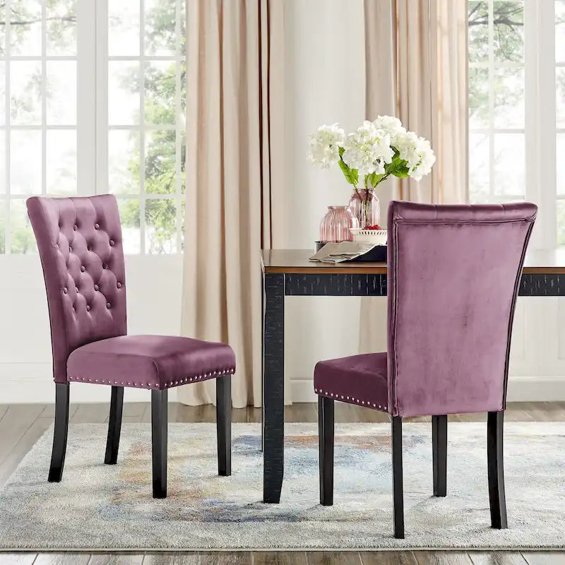 Tufted Velvet Dining Chairs with Chrome Nailhead Trim, Set of 2