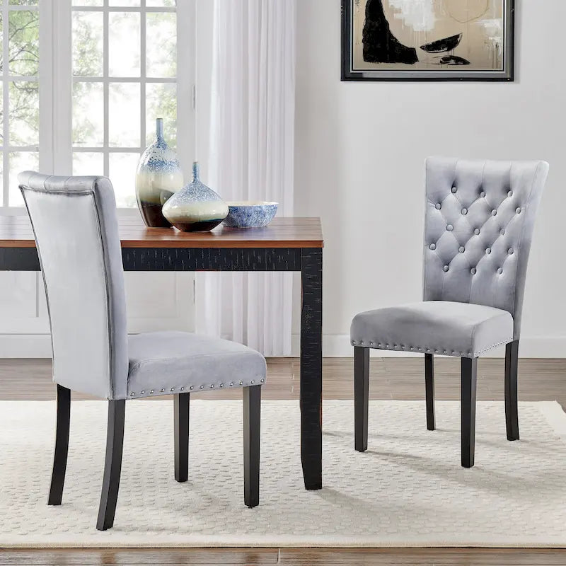 Tufted Velvet Dining Chairs with Chrome Nailhead Trim, Set of 2