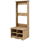 Gray Wash Solid Pine Wood Hall Tree with Seat & Metal Hangers