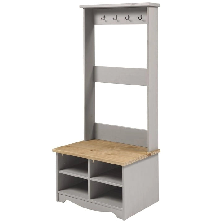 Gray Wash Solid Pine Wood Hall Tree with Seat & Metal Hangers