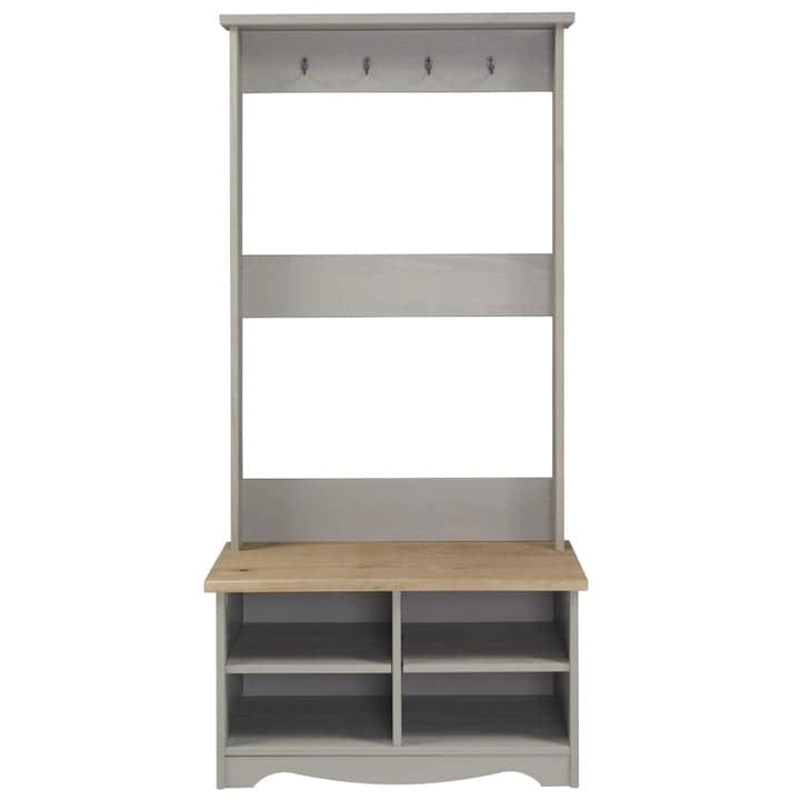 Gray Wash Solid Pine Wood Hall Tree with Seat & Metal Hangers