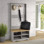 Gray Wash Solid Pine Wood Hall Tree with Seat & Metal Hangers