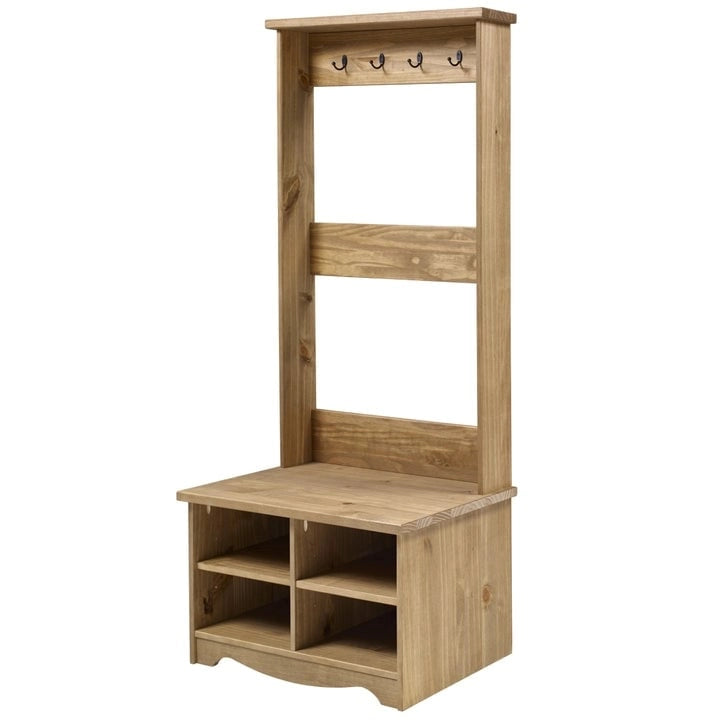 Gray Wash Solid Pine Wood Hall Tree with Seat & Metal Hangers
