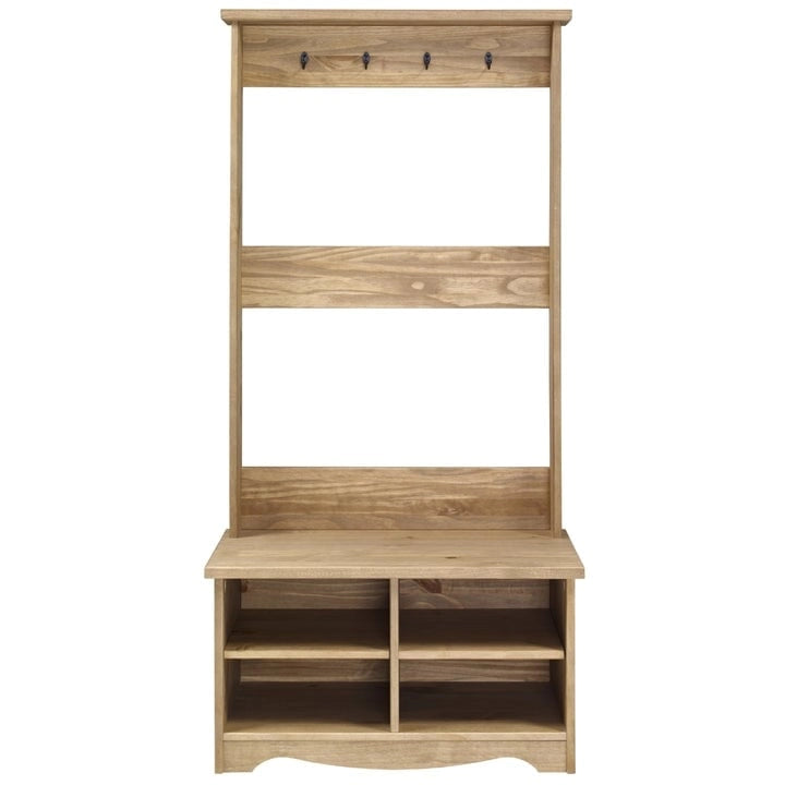 Gray Wash Solid Pine Wood Hall Tree with Seat & Metal Hangers