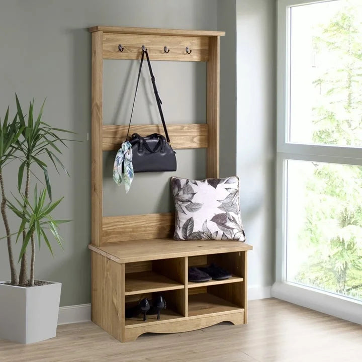 Gray Wash Solid Pine Wood Hall Tree with Seat & Metal Hangers