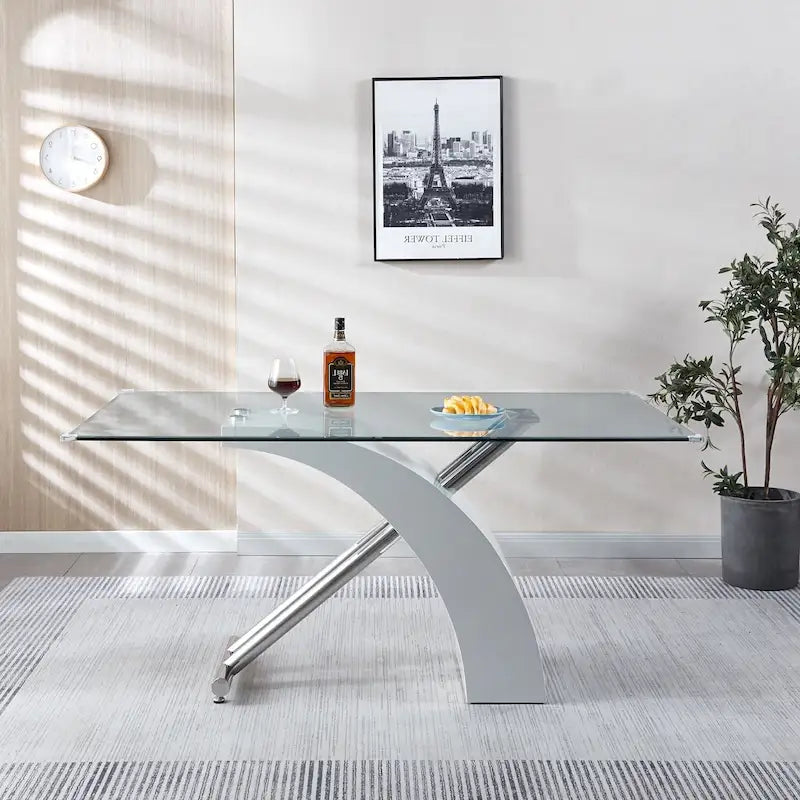Rectangular Tempered Glass Top Dining Table | Modern Chrome Base