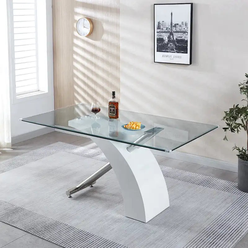Rectangular Tempered Glass Top Dining Table | Modern Chrome Base
