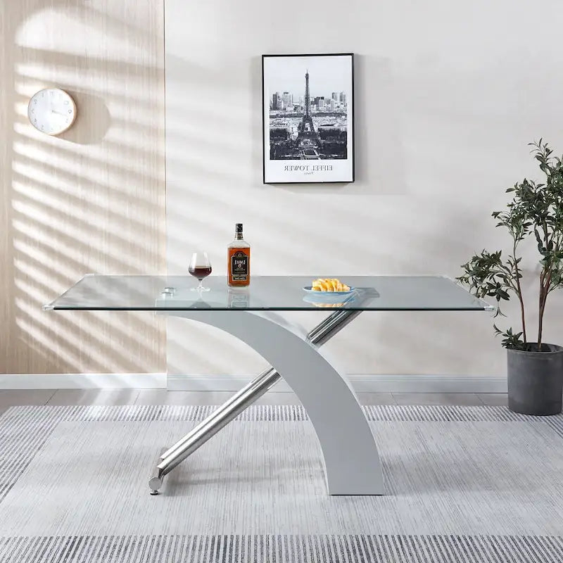 Rectangular Tempered Glass Top Dining Table | Modern Chrome Base