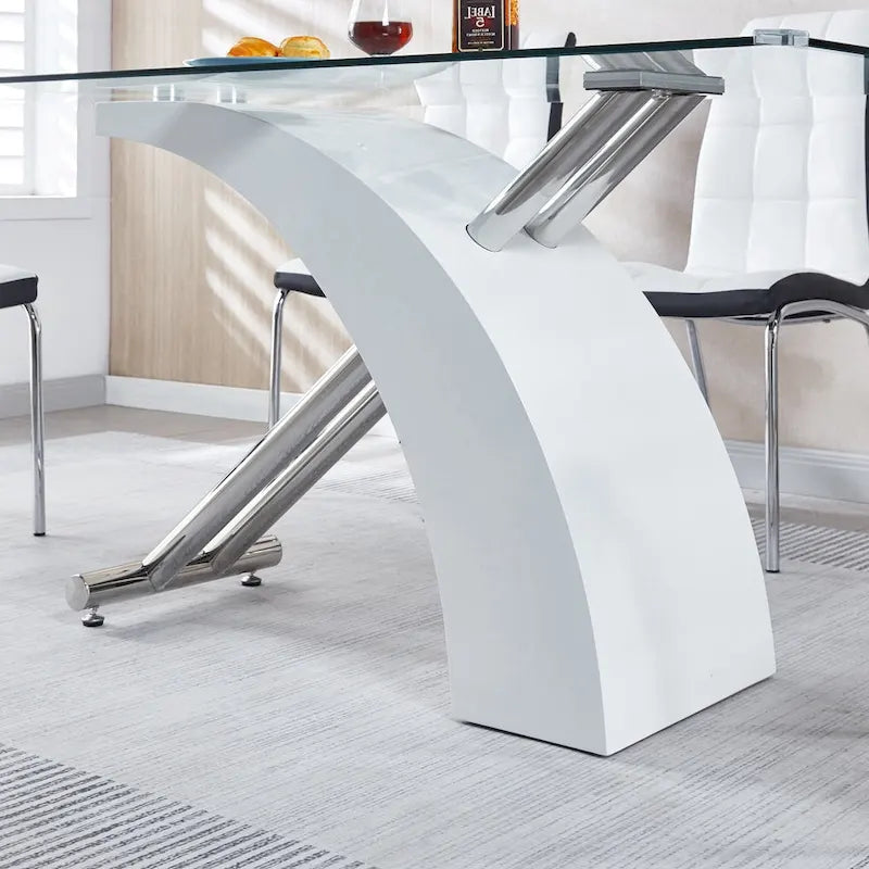 Rectangular Tempered Glass Top Dining Table | Modern Chrome Base
