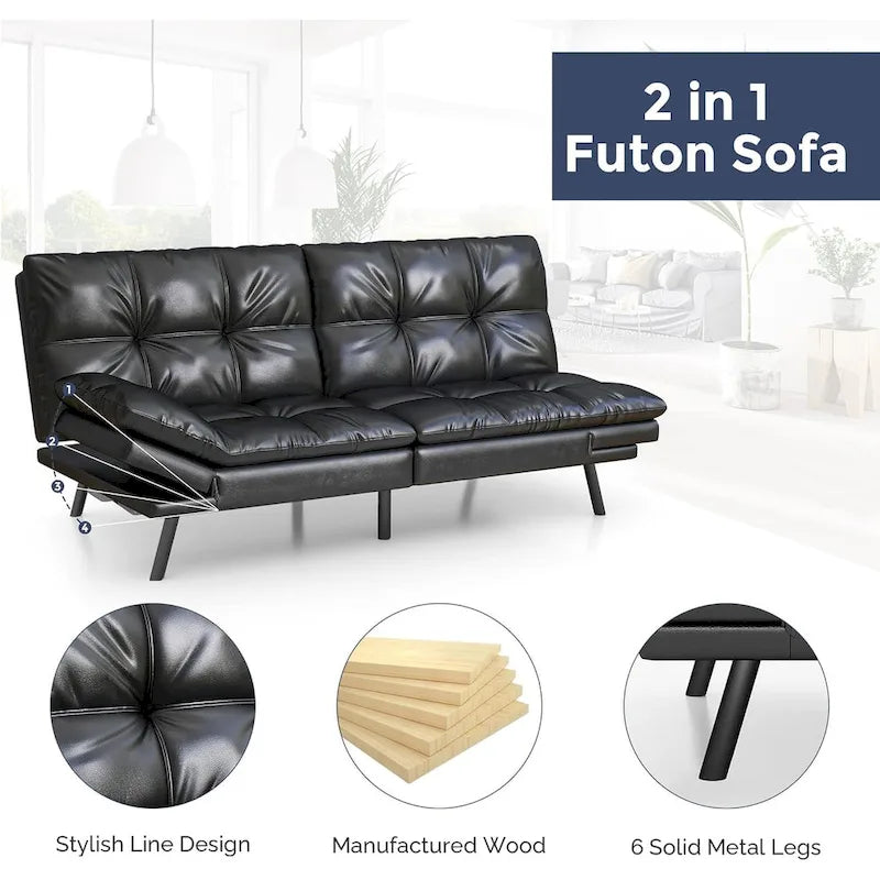 Convertible Futon Sofa Bed with Adjustable Armrests | Foldable Loveseat Sleeper