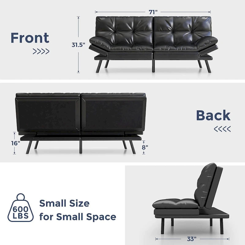 Convertible Futon Sofa Bed with Adjustable Armrests | Foldable Loveseat Sleeper