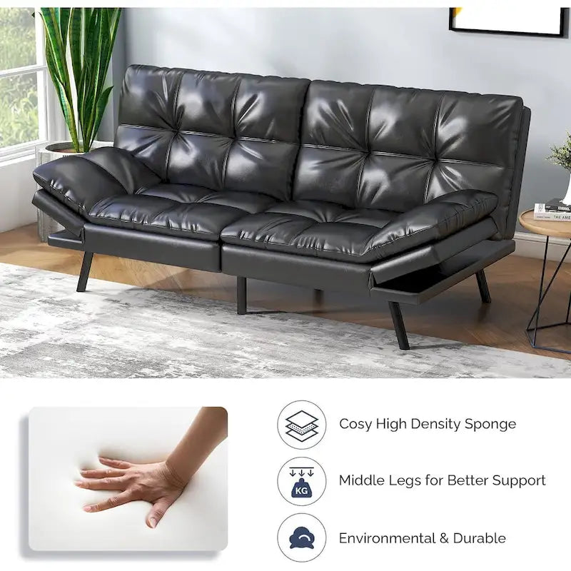 Convertible Futon Sofa Bed with Adjustable Armrests | Foldable Loveseat Sleeper