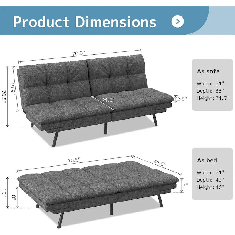 Convertible Futon Sofa Bed with Adjustable Armrests | Foldable Loveseat Sleeper