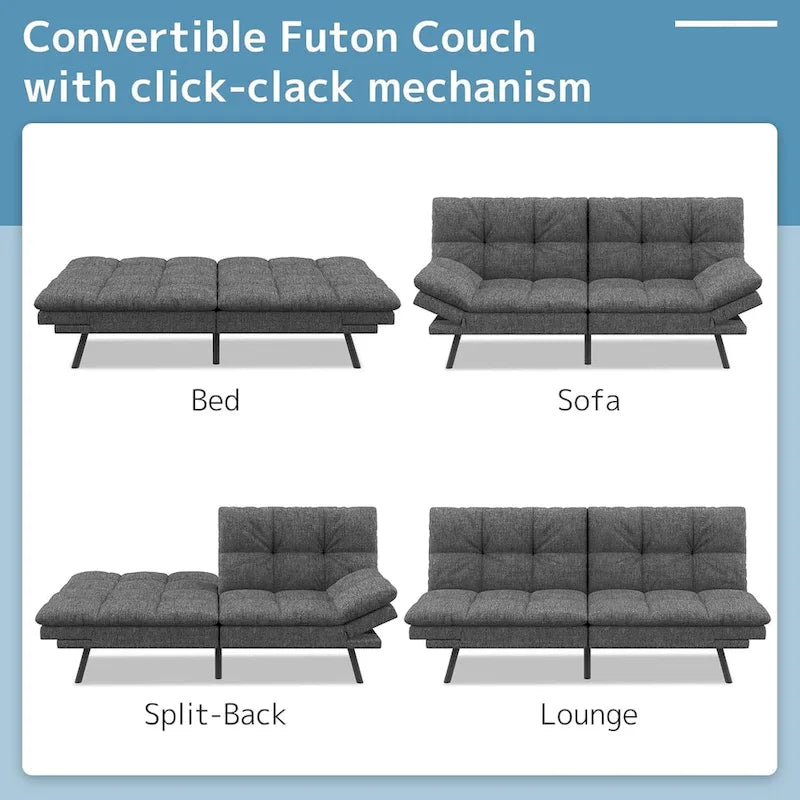 Convertible Futon Sofa Bed with Adjustable Armrests | Foldable Loveseat Sleeper