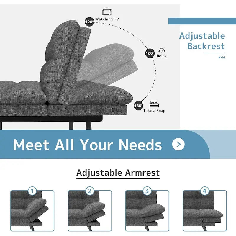 Convertible Futon Sofa Bed with Adjustable Armrests | Foldable Loveseat Sleeper