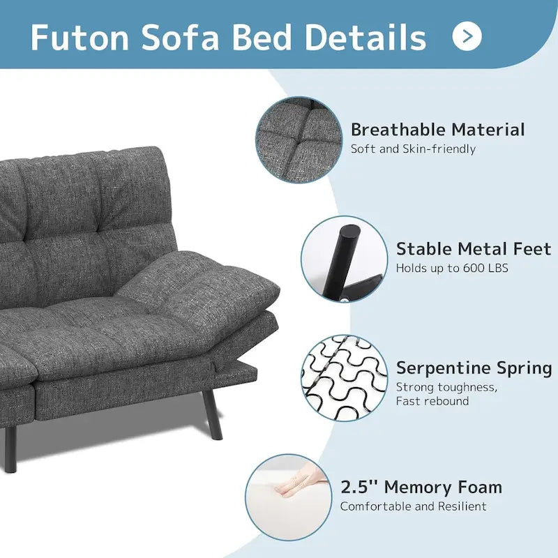 Convertible Futon Sofa Bed with Adjustable Armrests | Foldable Loveseat Sleeper