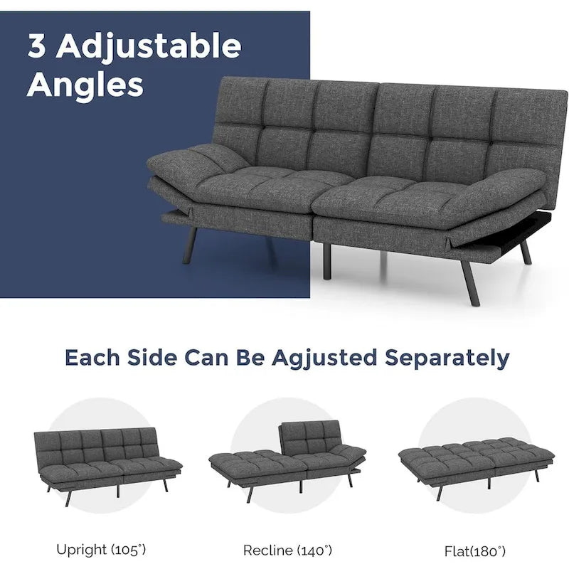Convertible Futon Sofa Bed with Adjustable Armrests | Foldable Loveseat Sleeper